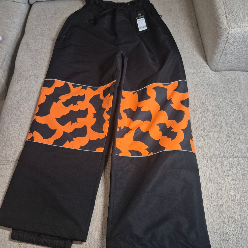 Snowverb Mens Bat Print Snowboard Pants Black Orange Camo Insulated Trousers M